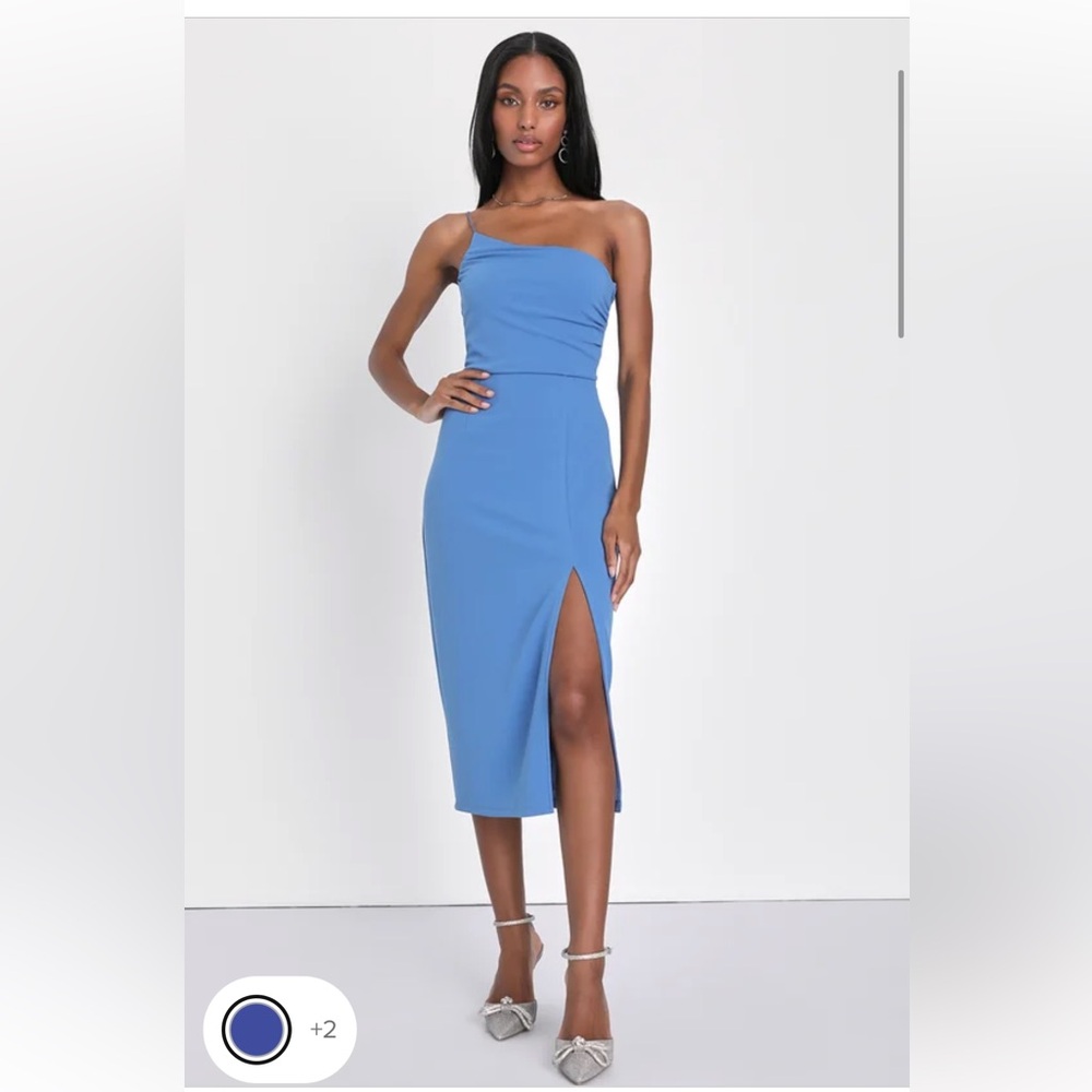 Lulu’s Elegant Allure Slate Blue One Shoulder Sleeveless Midi Dress